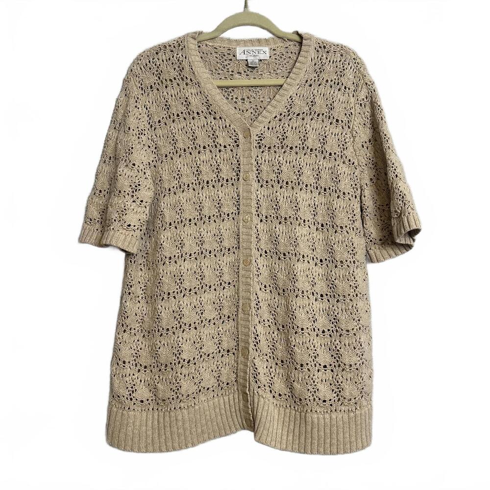 Annex Casual Corner Woman Beige Crochet Knit Button-Up Top, Size 2X VINTAGE